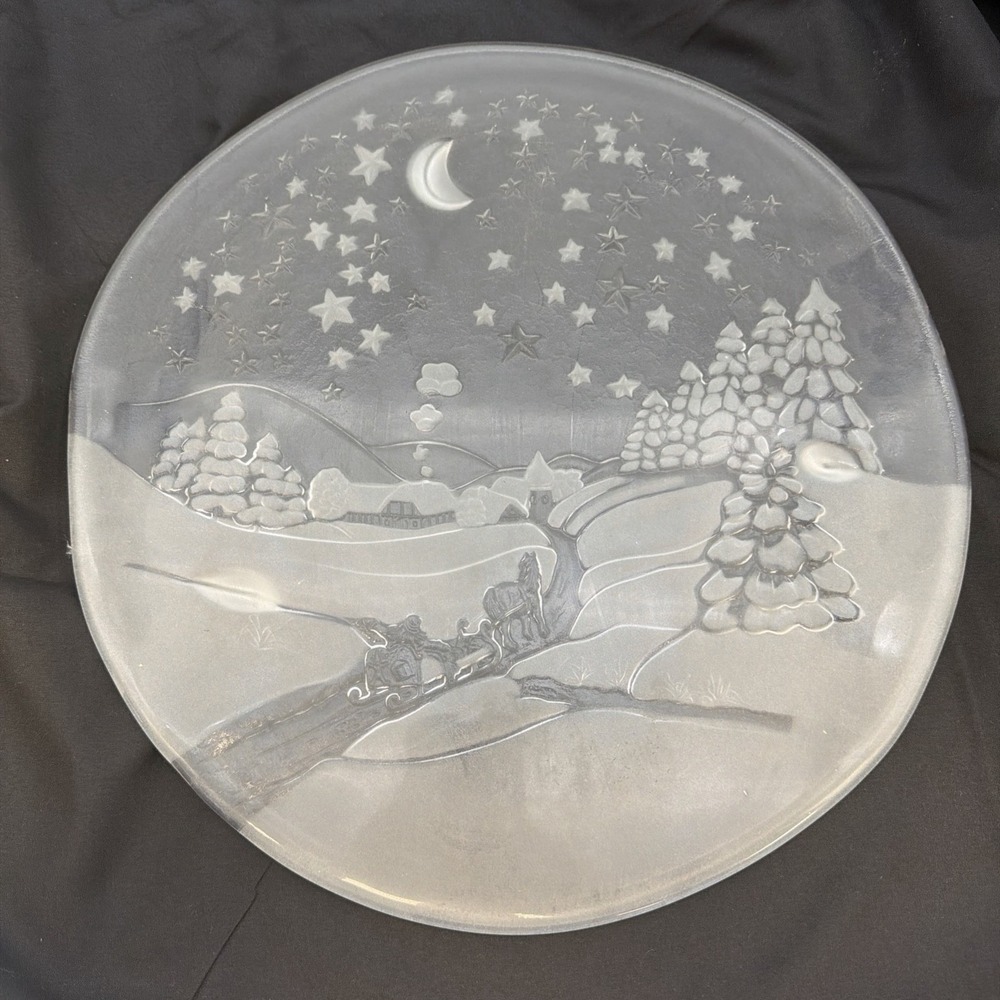 Vintage Glass Platter Clear Frosted Night Snow Scene Footed 14.25"